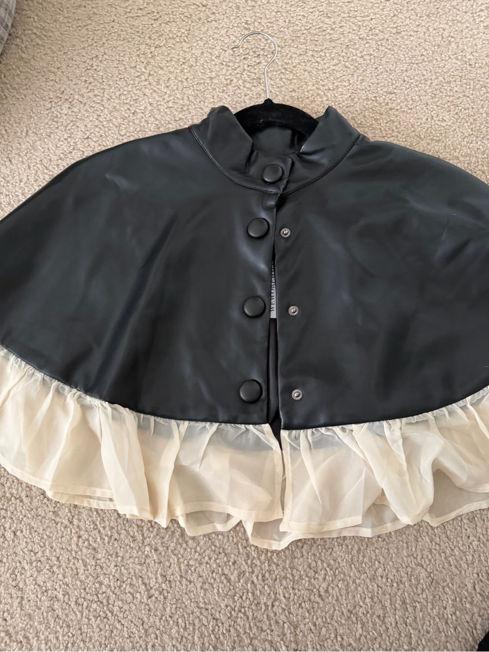 WeWoreWhat Black Faux Leather Cape with Cream Ruffle Hem